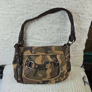 B. Makowsky Camouflage and Dark Brown Leather Shoulder Bag